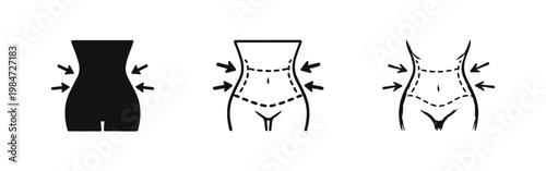 Body Slimming and Weight Loss Icon Set with Female Waist and Inward Arrows