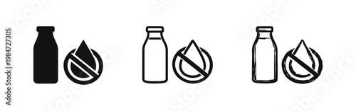 Lactose Free Product and Dairy Allergy Icon Set with Milk Bottle Illustration