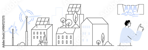 Sustainable energy, urban planning, renewable resources, green living, eco-friendly solutions, smart cities. Solar panels and wind turbines over cityscape, person with hydropower concept. Sustainable