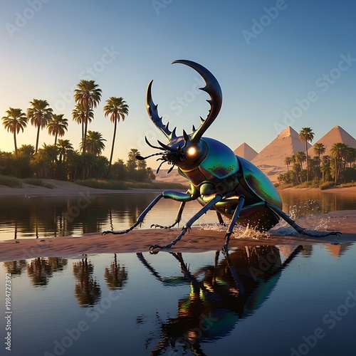Giant Beetle Statue Reflecting in Water with Pyramids and Palm Trees.