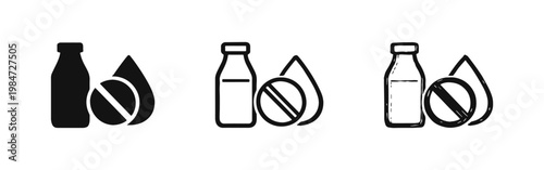 Dairy Free and Lactose Intolerance Icon Set with Milk Bottle and Prohibited Liquid