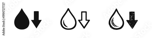 Humidity Decrease and Liquid Reduction Icon Set with Water Drop and Down Arrow