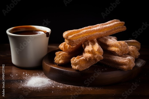Crispy fried churros with sugar dusting, ready for dipping in a hot chocolate sauce