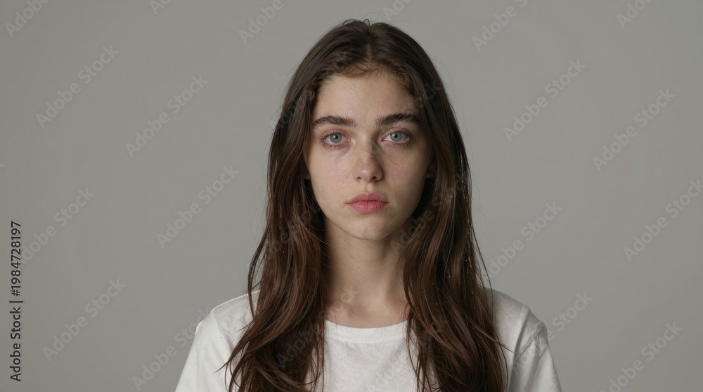 Fototapeta premium Young Woman with Long Hair and Natural Beauty in Studio Setting