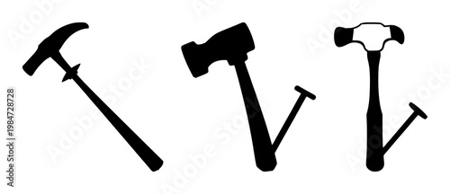 Hammer and nail icon set with simple black silhouette on white background featuring tools, construction, icons with flat design and graphic elements