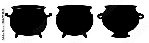 Cauldron set with black silhouette and stark white background featuring alchemy, fantasy, kitchen imagery with flame and potion