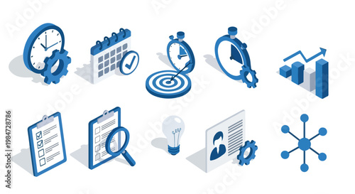 A set of blue isometric icons representing business management, time tracking, productivity, strategic planning, and workflow optimization tools.