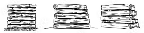 Lumber set with a hand-drawn stack of rough-cut logs featuring wood, timber, forest with nature and construction materials