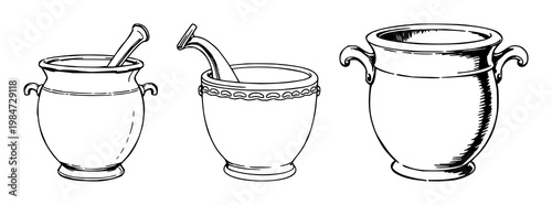 Mortar and pestle set with hand drawn line art design featuring vintage, porcelain, and kitchenware with scientific and traditional