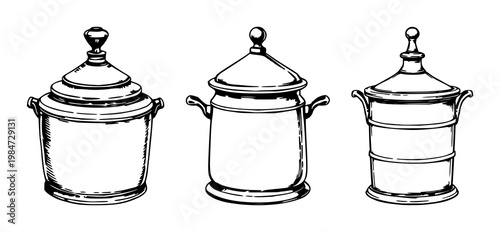 Glue pot set with antique cast iron design featuring hand-inked, line art, vintage with tools and equipment