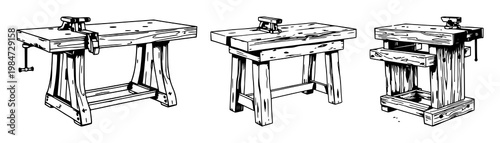 Workbench set with hand-inked line art featuring heavy timber workbench, side vise, white background with illustration and graphic design