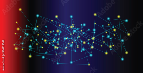 Blue technology network with connected nodes and data flow