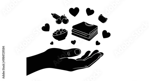 Black and white hand illustration holding various household objects and hearts.