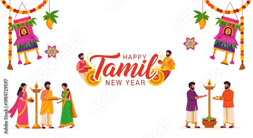 Vibrant vector illustration showcases a Happy Tamil New Year celebration with people in traditional attire offering prayers near oil lamps, complemented by festive decorations and floral