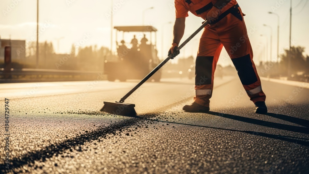 Naklejka premium Worker in orange attire sweeping asphalt on a road; machinery in background; sunlight
