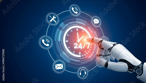 Robotic Hand Interaction with 24/7 Customer Support Service Icons and Virtual Clock in Cyberspace