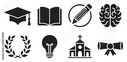 Education Icon Set, graduation knowledge writing brain achievement idea church diploma black white vector icon collection design set illustration pack