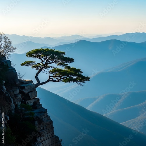 Majestic tree clings to cliff edge overlooking serene mountain range.