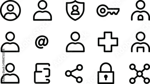 User Account Web Icon Set in Line Style, Collection of User Profile Linear Icons, Including Profile, Avatar, Login, Password, Username, Add Friend, Access, Connect, and More