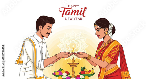 Illustrative vector art celebrating Tamil New Year, depicting a man and woman in traditional attire exchanging blessings over a lit lamp and a fruit offering, set against a clean white