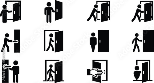 Collection of icons depicting people entering and exiting doors with way out entering silhouette