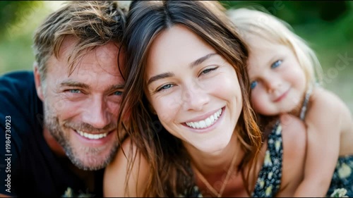 Happy family portrait outdoors with parents and daughter enjoying a sunny day together