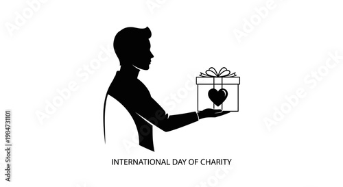 Silhouette of a man offering a gift box with a heart symbol for the International Day of Charity.