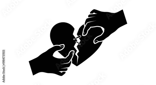 Black silhouette of two hands breaking a heart shape.