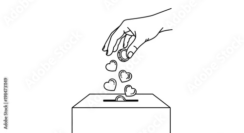 Line art illustration of a hand donating heart shaped coins into a charity box.