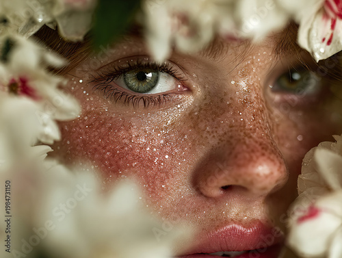 A close-up portrait of a woman with green eyes, wearing a daisy flower crown, her skin dusted with sparkling glitter, partially framed by soft white daisies in a dreamy, ethereal shot.