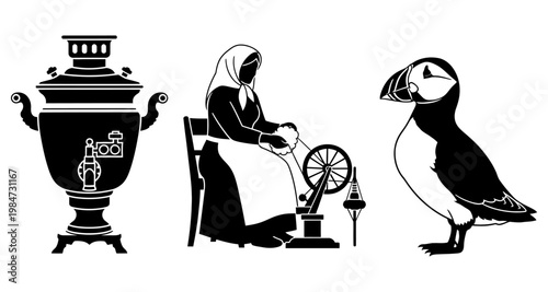 Traditional samovar woman spinning wool and puffin bird against a white background in silhouette