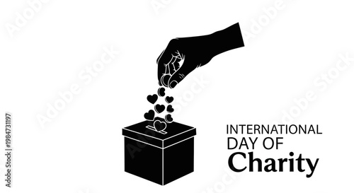 International Day of Charity illustration with hand donating heart icons into a box.