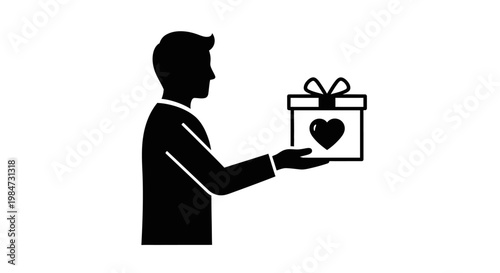 Black silhouette icon of a man giving a heart gift box.