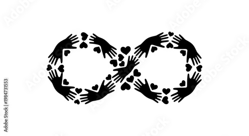 Infinity symbol made of human hands and hearts silhouette.