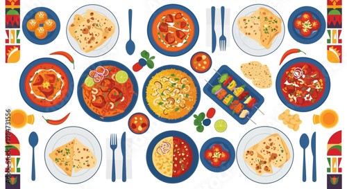Indian Cuisine Food Buffet with Biryani, Curry, Naan, and Tikka Masala Flat Vector Illustration