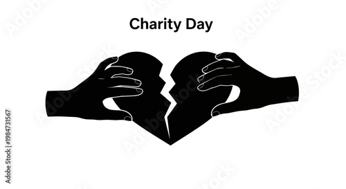 Black silhouette of two hands joining broken heart pieces for charity day.