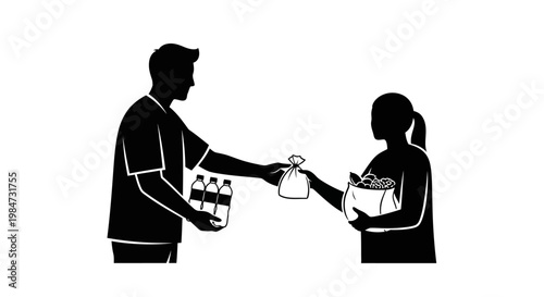 Silhouette illustration of a man donating food and water to a woman.