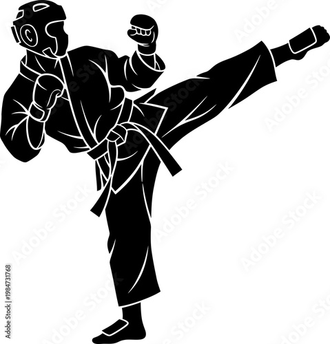 Martial arts silhouette karate fighter action kicking with protective gear