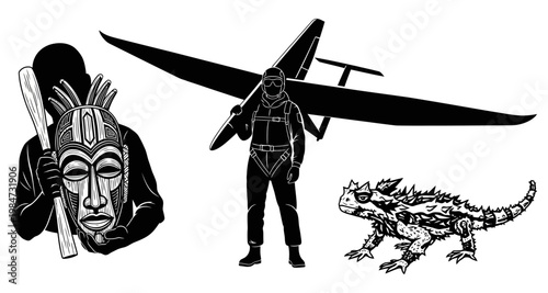 Tribal mask held by person with club and thorny lizard with kayaker carrying boat