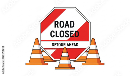 Minimal Road Closed Sign with Cones Safety Vector Design