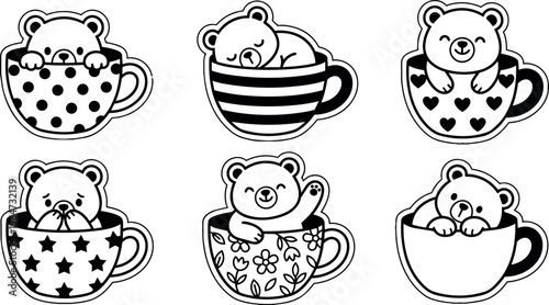 Six cute bears in patterned cups with different expressions