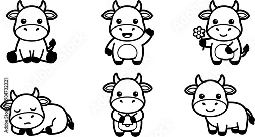 Cute black and white cartoon cow characters with various poses and expressions vector art