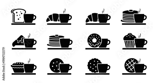 Breakfast combo icons set featuring coffee cups paired with bread croissant pancakes toast donut muffin pie cookies and waffles on plates for cafe menus