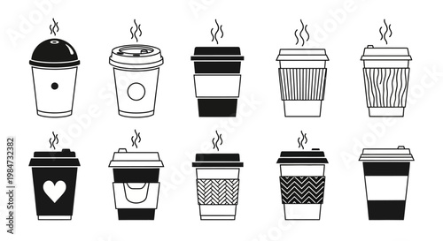 Coffee cups black and white line art vector icons set, collection of hot beverage take away container illustrations with steam