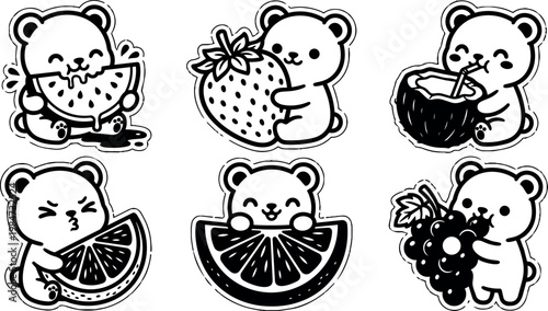 Black and white line art bears holding various fruits and drinking from coconut