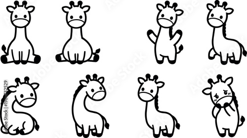 Black and white cartoon giraffes in different poses vector art