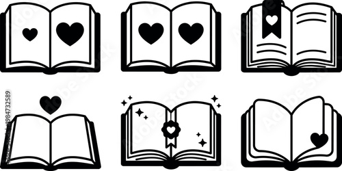Black and white heart icons on open books with bookmarks and sparkles vector art
