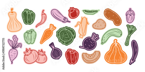 A set of stickers for collages of hand-drawn vegetables. The concept of harvesting. Vector doodle illustration.