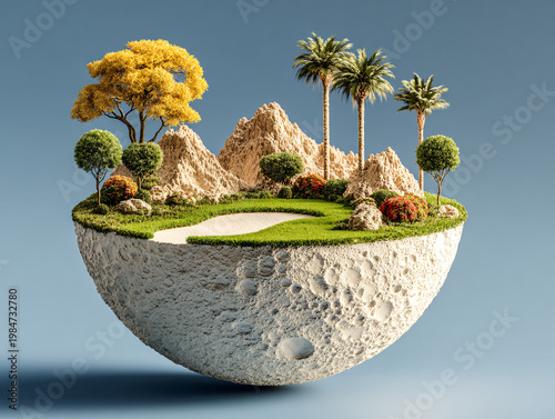 A whimsical floating island shaped like a lush golf course, with manicured greens, sand traps, waterfalls, and dense vegetation, suspended in mid-air in a surreal, detailed 3D render.
