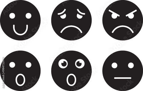 Set of six black filled icons representing different emotions: happy sad angry surprised neutral